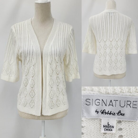 Robbie Bee Womens Large Ivory 100% Acrylic Crochet Open Front Cardigan Shrug Top - Picture 1 of 12
